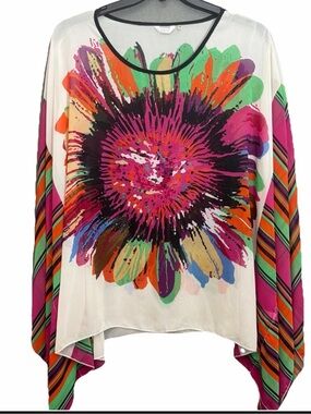 Kactus Wm’s s/m Bright Floral Print Poncho Top - Pink/Multi Boho Artsy redort
